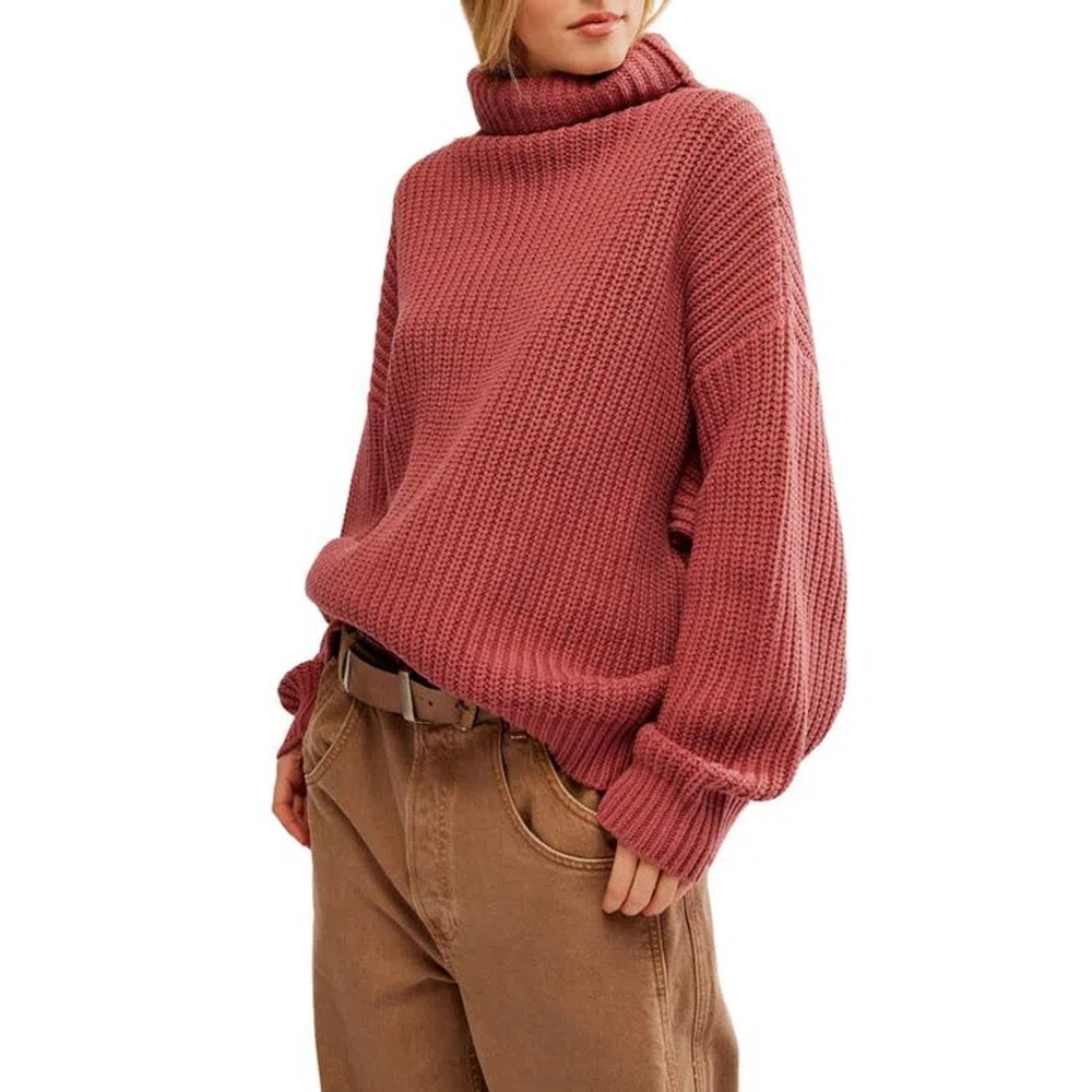 Free People Swim Too Deep Turtleneck Sweater Rose Pink Oversized Knit XS